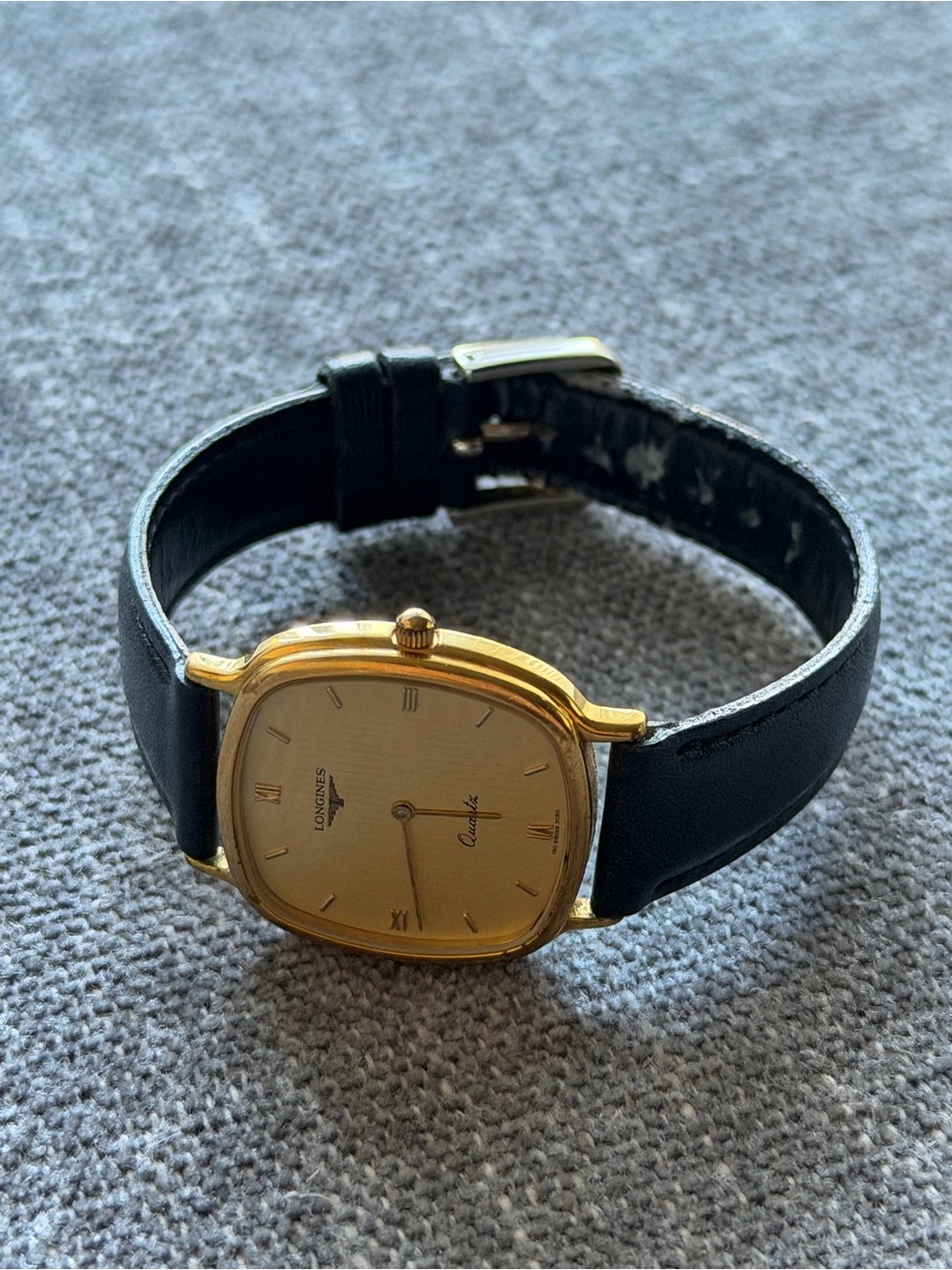 Longines 31mm Quartz Gold Dial Black Leather Strap Watch